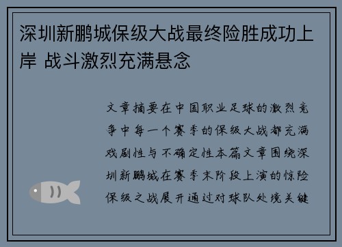 深圳新鹏城保级大战最终险胜成功上岸 战斗激烈充满悬念